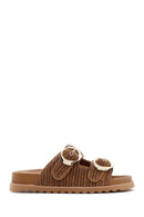 Women's Tan Double Buckle Straw Slippers | Derimod Women's Tan Double Buckle Straw Slippers | Derimod