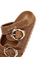 Women's Tan Double Buckle Straw Slippers | Derimod Women's Tan Double Buckle Straw Slippers | Derimod