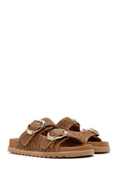 Women's Tan Double Buckle Straw Slippers | Derimod Women's Tan Double Buckle Straw Slippers | Derimod