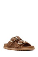 Women's Tan Double Buckle Straw Slippers | Derimod Women's Tan Double Buckle Straw Slippers | Derimod