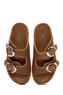 Women's Tan Double Buckle Straw Slippers | Derimod Women's Tan Double Buckle Straw Slippers | Derimod