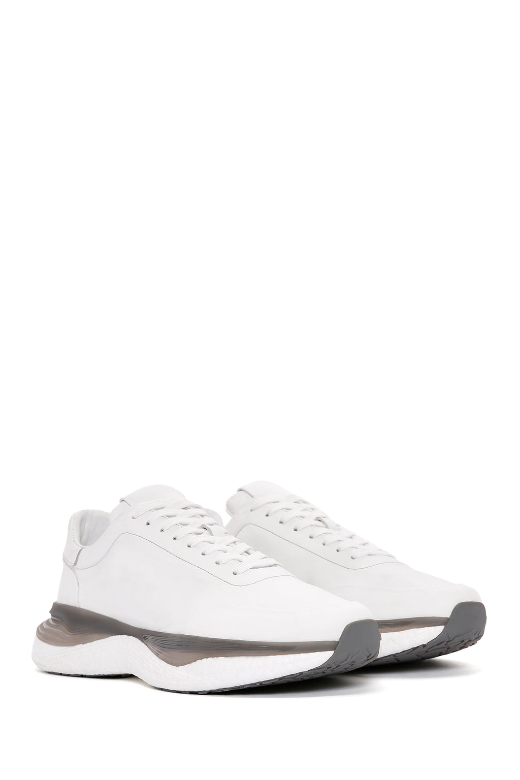 Erkek Beyaz Bağcıklı Kalın Tabanlı Deri Sneaker
