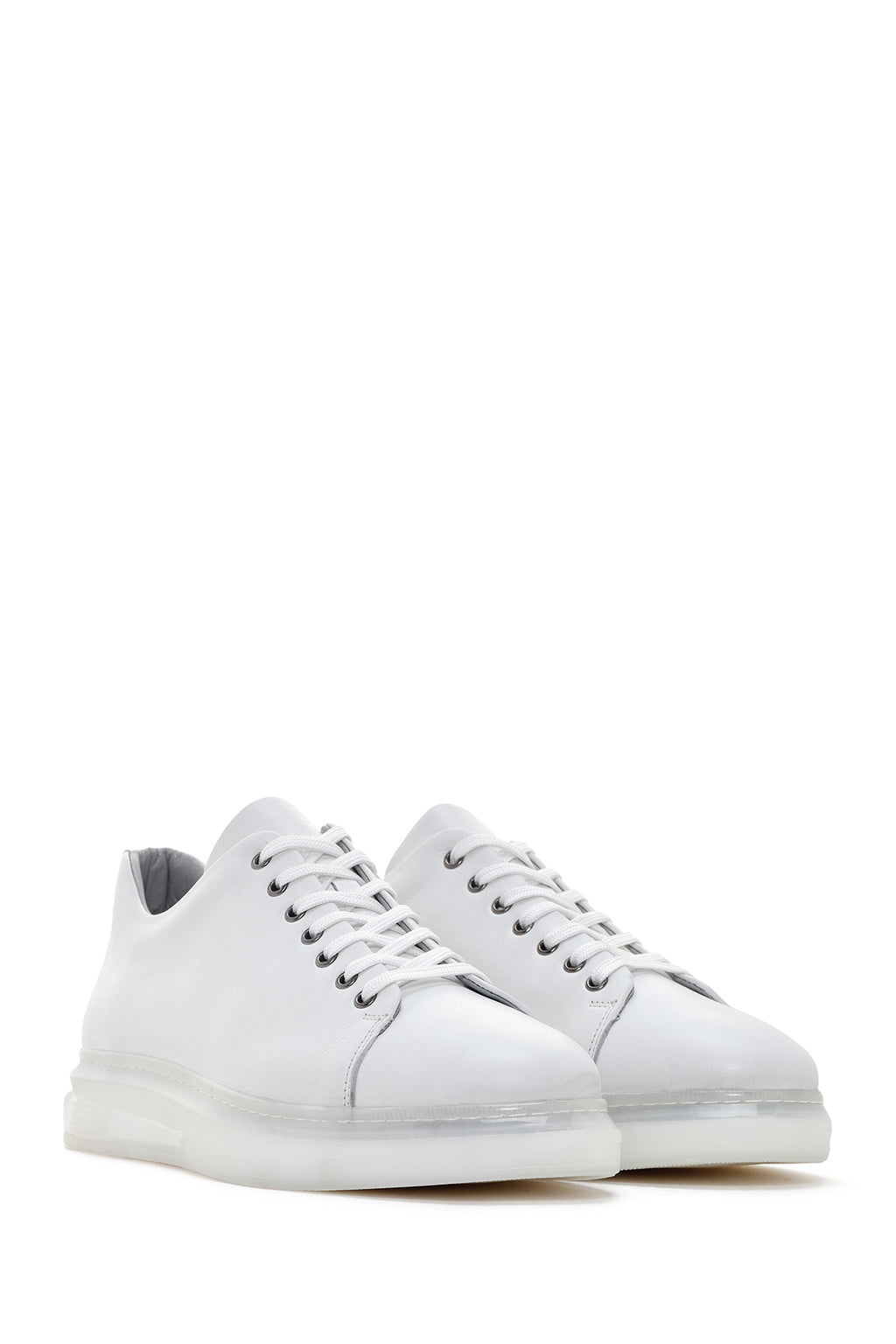 Erkek Beyaz Kalın Tabanlı Bağcıklı Deri Sneaker