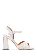Women's White Ankle Strap Crocodile Patterned Heeled Sandals | Derimod Women's White Ankle Strap Crocodile Patterned Heeled Sandals | Derimod