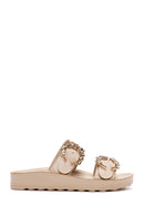 Women's Beige Stone Double Buckle Thick Sole Comfort Slippers | Derimod Women's Beige Stone Double Buckle Thick Sole Comfort Slippers | Derimod