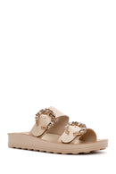 Women's Beige Stone Double Buckle Thick Sole Comfort Slippers | Derimod Women's Beige Stone Double Buckle Thick Sole Comfort Slippers | Derimod