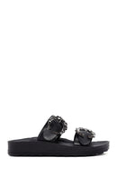 Women's Black Stone Double Buckle Thick Sole Comfort Slippers | Derimod Women's Black Stone Double Buckle Thick Sole Comfort Slippers | Derimod