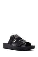 Women's Black Stone Double Buckle Thick Sole Comfort Slippers | Derimod Women's Black Stone Double Buckle Thick Sole Comfort Slippers | Derimod