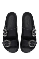 Women's Black Stone Double Buckle Thick Sole Comfort Slippers | Derimod Women's Black Stone Double Buckle Thick Sole Comfort Slippers | Derimod