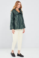 Felicita Women's Green Wide Collar Oversize Leather Coat | Derimod Felicita Women's Green Wide Collar Oversize Leather Coat | Derimod