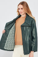 Felicita Women's Green Wide Collar Oversize Leather Coat | Derimod Felicita Women's Green Wide Collar Oversize Leather Coat | Derimod