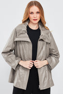 Felicita Women's Gray Wide Collar Oversize Leather Coat | Derimod Felicita Women's Gray Wide Collar Oversize Leather Coat | Derimod
