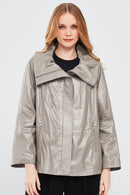 Felicita Women's Gray Wide Collar Oversize Leather Coat | Derimod Felicita Women's Gray Wide Collar Oversize Leather Coat | Derimod