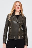 Melody Women's Green Biker Leather Jacket | Derimod Melody Women's Green Biker Leather Jacket | Derimod
