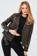 Melody Women's Green Biker Leather Jacket | Derimod Melody Women's Green Biker Leather Jacket | Derimod