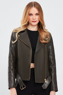 Melody Women's Green Biker Leather Jacket | Derimod Melody Women's Green Biker Leather Jacket | Derimod