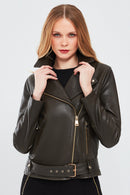 Melody Women's Green Biker Leather Jacket | Derimod Melody Women's Green Biker Leather Jacket | Derimod