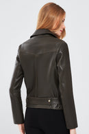 Melody Women's Green Biker Leather Jacket | Derimod Melody Women's Green Biker Leather Jacket | Derimod