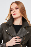 Melody Women's Green Biker Leather Jacket | Derimod Melody Women's Green Biker Leather Jacket | Derimod