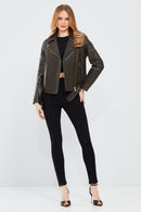 Melody Women's Green Biker Leather Jacket | Derimod Melody Women's Green Biker Leather Jacket | Derimod