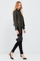 Melody Women's Green Biker Leather Jacket | Derimod Melody Women's Green Biker Leather Jacket | Derimod