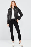Milano Women's Black Short Leather Jacket | Derimod Milano Women's Black Short Leather Jacket | Derimod