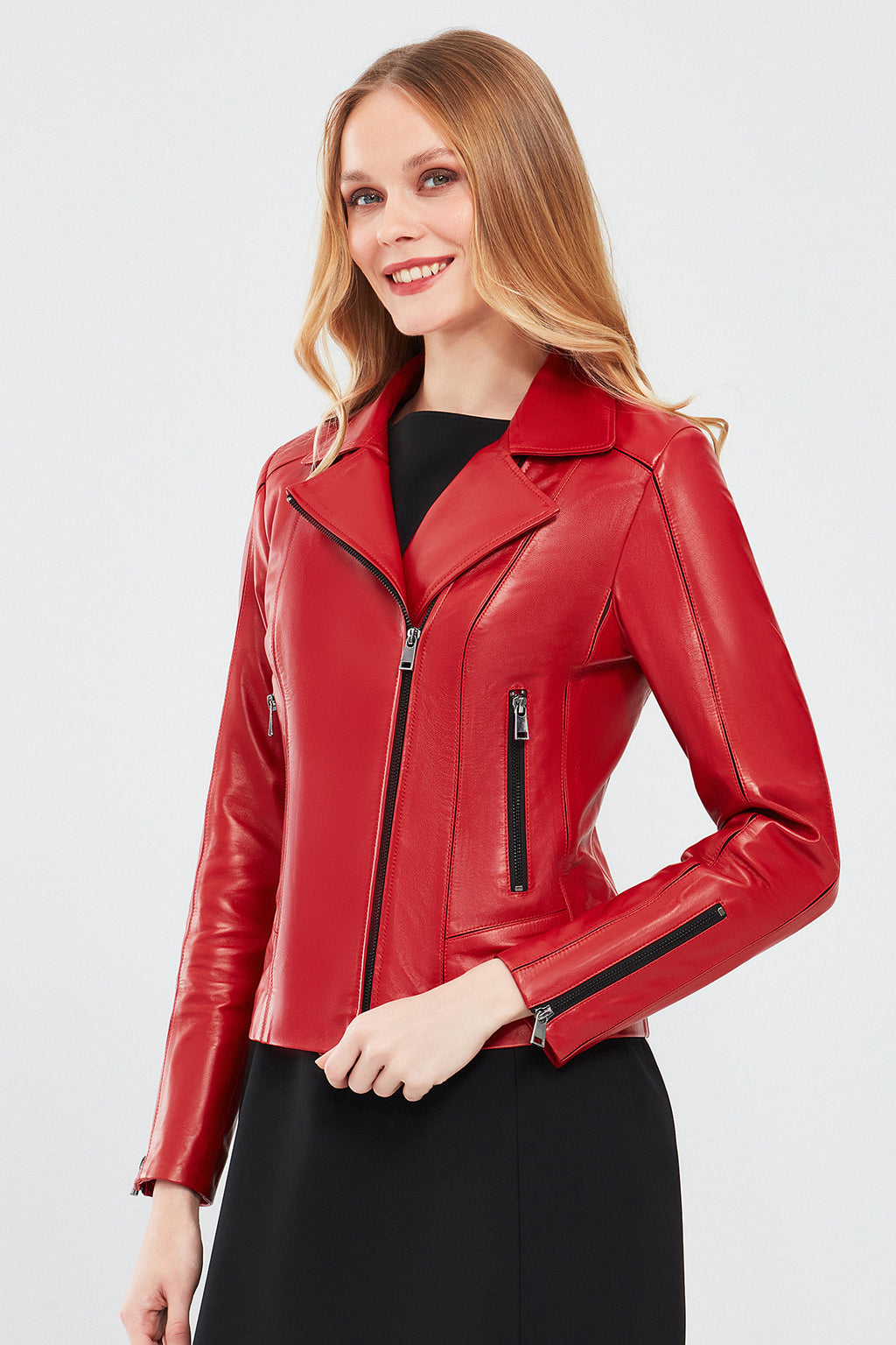 Kiara Kadın Kırmızı Slim-Fit Biker Deri Ceket