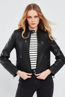 Alison Women's Black Short Leather Jacket | Derimod Alison Women's Black Short Leather Jacket | Derimod