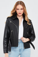 Maya Women's Black Shirt Collar Regular Short Leather Jacket | Derimod Maya Women's Black Shirt Collar Regular Short Leather Jacket | Derimod
