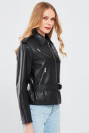 Maya Women's Black Shirt Collar Regular Short Leather Jacket | Derimod Maya Women's Black Shirt Collar Regular Short Leather Jacket | Derimod