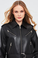 Maya Women's Black Shirt Collar Regular Short Leather Jacket | Derimod Maya Women's Black Shirt Collar Regular Short Leather Jacket | Derimod