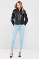 Maya Women's Black Shirt Collar Regular Short Leather Jacket | Derimod Maya Women's Black Shirt Collar Regular Short Leather Jacket | Derimod