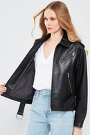 Maya Women's Black Shirt Collar Regular Short Leather Jacket | Derimod Maya Women's Black Shirt Collar Regular Short Leather Jacket | Derimod