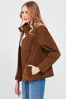 Lopez Women's Brown Oversize Suede Leather Jacket | Derimod Lopez Women's Brown Oversize Suede Leather Jacket | Derimod