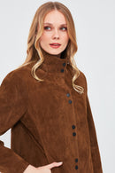 Lopez Women's Brown Oversize Suede Leather Jacket | Derimod Lopez Women's Brown Oversize Suede Leather Jacket | Derimod