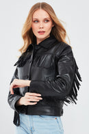 Luna Women's Black Tassel Detailed Leather Jacket | Derimod Luna Women's Black Tassel Detailed Leather Jacket | Derimod