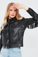 Luna Women's Black Tassel Detailed Leather Jacket | Derimod Luna Women's Black Tassel Detailed Leather Jacket | Derimod