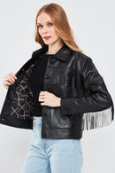 Luna Women's Black Tassel Detailed Leather Jacket | Derimod Luna Women's Black Tassel Detailed Leather Jacket | Derimod