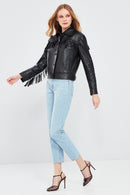 Luna Women's Black Tassel Detailed Leather Jacket | Derimod Luna Women's Black Tassel Detailed Leather Jacket | Derimod