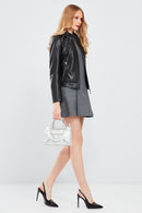 Julia Women's Black Short Leather Jacket | Derimod Julia Women's Black Short Leather Jacket | Derimod