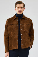 Enzo Men's Brown Shirt Collar Suede Leather Coat | Derimod Enzo Men's Brown Shirt Collar Suede Leather Coat | Derimod