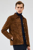 Enzo Men's Brown Shirt Collar Suede Leather Coat | Derimod Enzo Men's Brown Shirt Collar Suede Leather Coat | Derimod