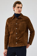 Enzo Men's Brown Shirt Collar Suede Leather Coat | Derimod Enzo Men's Brown Shirt Collar Suede Leather Coat | Derimod