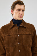 Enzo Men's Brown Shirt Collar Suede Leather Coat | Derimod Enzo Men's Brown Shirt Collar Suede Leather Coat | Derimod
