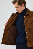 Enzo Men's Brown Shirt Collar Suede Leather Coat | Derimod Enzo Men's Brown Shirt Collar Suede Leather Coat | Derimod