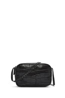 Women's Black Printed Mini Leather Crossbody Bag | Derimod Women's Black Printed Mini Leather Crossbody Bag | Derimod