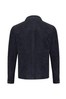 Enzo Men's Navy Shirt Collar Suede Leather Jacket | Derimod Enzo Men's Navy Shirt Collar Suede Leather Jacket | Derimod