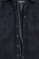 Enzo Men's Navy Shirt Collar Suede Leather Jacket | Derimod Enzo Men's Navy Shirt Collar Suede Leather Jacket | Derimod