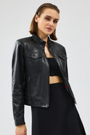 Gigi Women's Black Short Leather Jacket | Derimod Gigi Women's Black Short Leather Jacket | Derimod