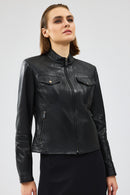 Gigi Women's Black Short Leather Jacket | Derimod Gigi Women's Black Short Leather Jacket | Derimod